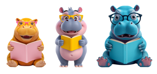 Adorable cartoon hippopotamus with a book isolated on transparent background