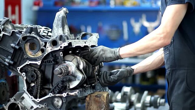 Mechanic working on a disassembled engine in a modern workshop setting
