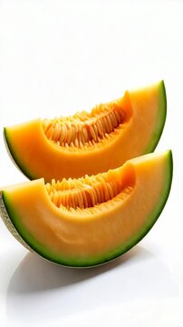 Two cantaloupe melon slices stacked, showcasing the inner seeds and textures against a plain white background.