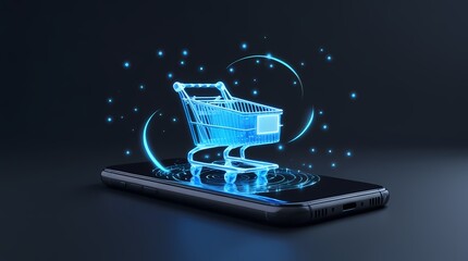 Holographic Glowing Blue Shopping Cart on Smartphone