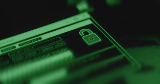 Digital interface with an open green padlock icon, password hacking