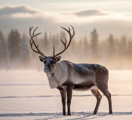 Reindeer in Snowy Forest with Golden Winter Light