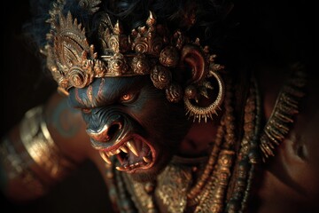 Obraz premium Rakshasa (India) - a man-eating giant with multiple terrifying faces and sharp fangs, muscular body, often wearing traditional Indian garments