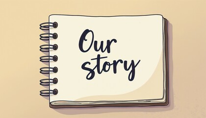 Simple illustration of a notebook with handwritten words "Our story" on a neutral light background
