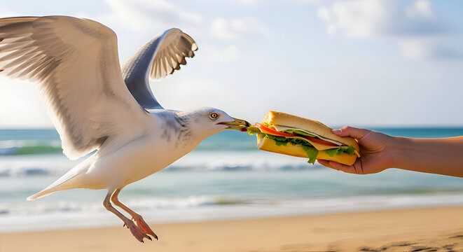 Seagull stealing a delicious sandwich on a sunny beach vacation getaway, perfect for travel ads, humorous content, or summer lifestyle marketing