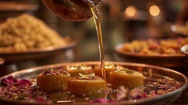 Pouring Jaggery Syrup on Sondesh in Sweet Shop