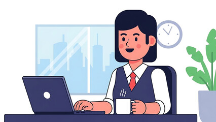 Young businesswoman working on her laptop and drinking coffee at her office desk with a clock on the wall