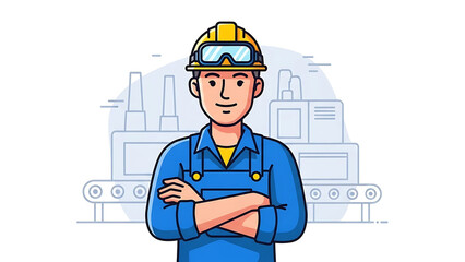 Illustration of a construction worker in a factory, embodying industry and hard work