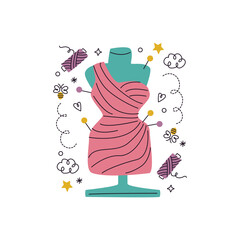 Pink Draped Dress On Tailor Mannequin Form.