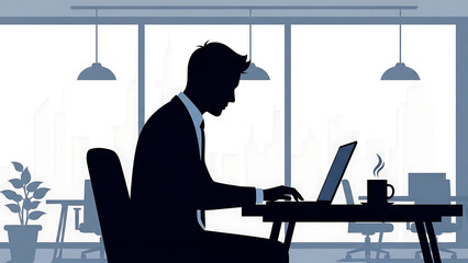 Professional silhouette engrossed in work on a laptop at a modern office desk, embodying efficiency, concentration, and the digital demands of contemporary corporate life