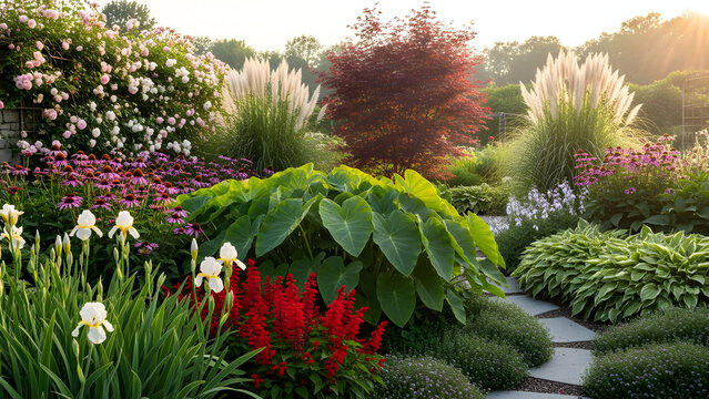 Beautiful Garden Landscape with Diverse Plant Varieties.