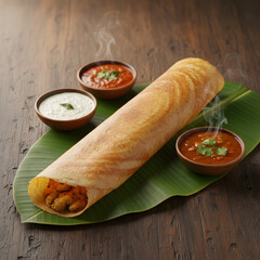 Masala Dosa on Banana Leaf with Chutneys and Sambar