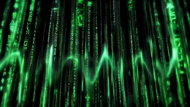 Falling Green Code Strips on Dark Background Creating Futuristic Motion