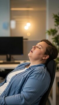 Relaxed Young Adult Woman Taking a Break in Modern Office Setting