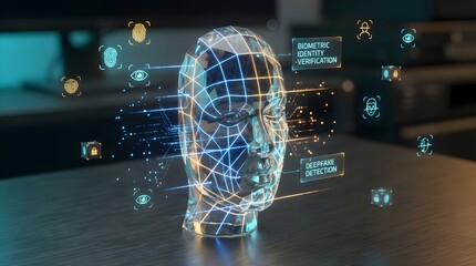 Facial Recognition Technology: A digital representation of a human face is overlaid with futuristic data streams, highlighting the sophisticated capabilities of facial recognition technology.
