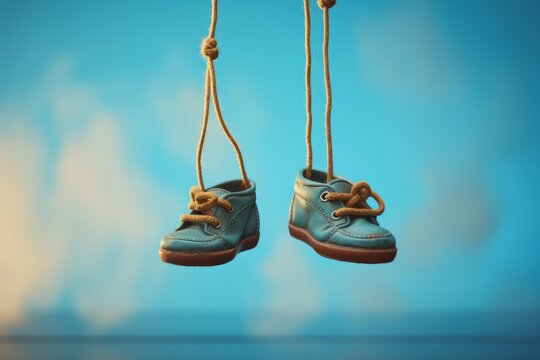 Two blue children's shoes dangle from a knotted rope against a vibrant blue backdrop, evoking a sense of playful nostalgia and childhood memories