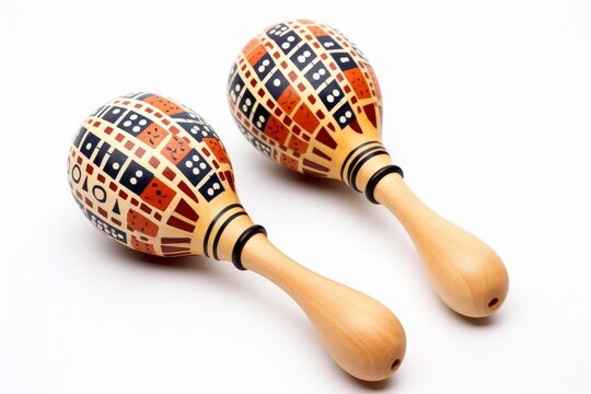 Two wooden maracas with colorful decorations rest on a white background, ready to create rhythmic music