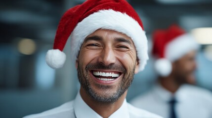 Multicultural colleagues gather in a festive office, wearing Santa hats and sharing smiles, creating a warm and cheerful atmosphere for Christmas celebrations