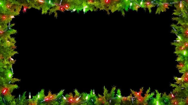 Christmas frame or new year frame with fir or pine leaves and light bulbs blinking Video for composting - 4K