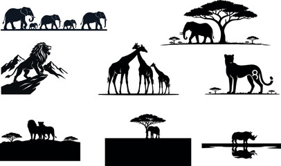 Fototapeta premium African Safari Animal Silhouettes Set: Elephant (Loxodonta), Lion (Panthera leo), Giraffe (Giraffa), Rhino, and Savanna Trees Wildlife Collection.
