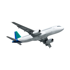 Obraz premium A passenger jet aircraft flies through the blue sky during a commercial flight for travel and air transportation, showcasing a modern airliner in aviation