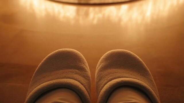 A first-person view of a pair of soft slippers on the floor at the edge of the light from a blurred fireplace flame, the concept of anticipating comfort and home