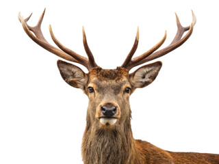 Majestic, mature red deer stag with impressively branched antlers and a thick, reddish-brown coat gazes directly forward with a calm and alert expression,, isolated on transparent background.