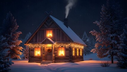 A beautiful Christmas cabin with a snow-covered roof, glowing warmly in a winter night scene.