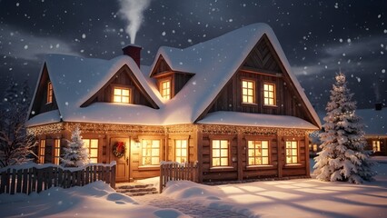 A festive snowy cabin glowing at night, perfect for Christmas and winter holiday backgrounds.