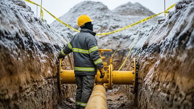 Construction Worker Featuring Pipe Installation in Winter Conditions at a Trench Site