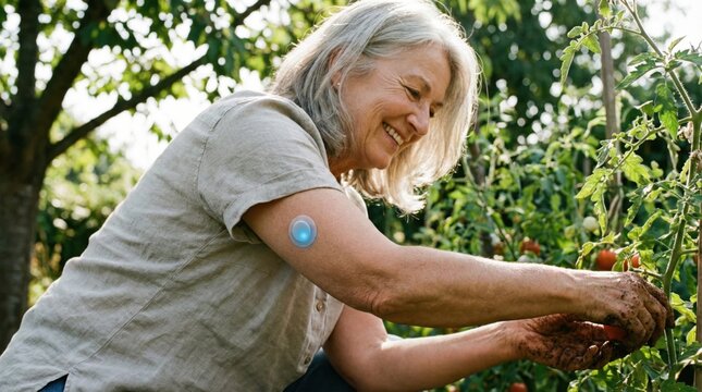 Happy Active Senior Woman Gardening Wearing Continuous Glucose Monitoring Patch on Arm. Concept for Diabetes Management, Wearable Health Technology and Healthy Lifestyle