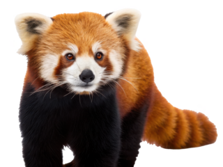 Adorable and fluffy reddish-brown Red Panda with striking white facial markings and a long, ringed tail, gazes directly at the viewer with curious amber eyes in, isolated on transparent background.