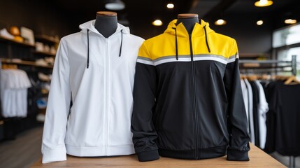 Stylish sports jackets in bright colors are displayed on sleek mannequins in a contemporary shop, inviting shoppers to explore trendy athletic wear