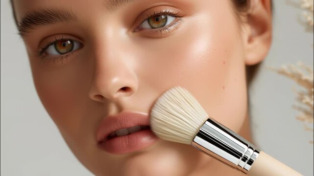 Close up of professional makeup artist applying foundation on model's face using brush, enhancing her natural beauty and creating flawless complexion video 4k