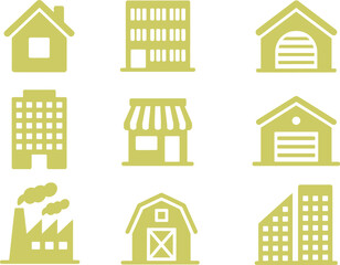 Fototapeta premium Building and property icons set with house apartment factory warehouse shop barn city silhouettes minimal vector collection