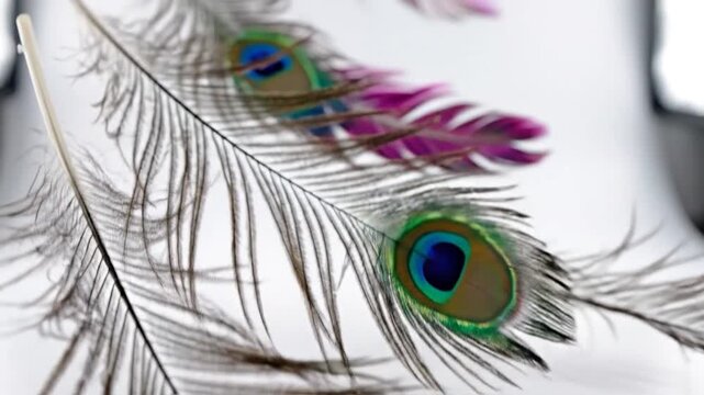 Softly blurred peacock feathers with vibrant iridescent eye spots
