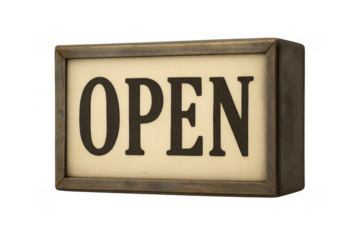 Wooden framed open sign, signaling business availability and inviting customers to a store. Transparent background