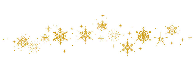 Elegant gold snowflakes and stars wave border on white background