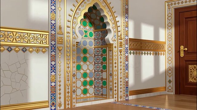 Interior with islamic arch, wooden door, and golden decorative elements on the wall.
