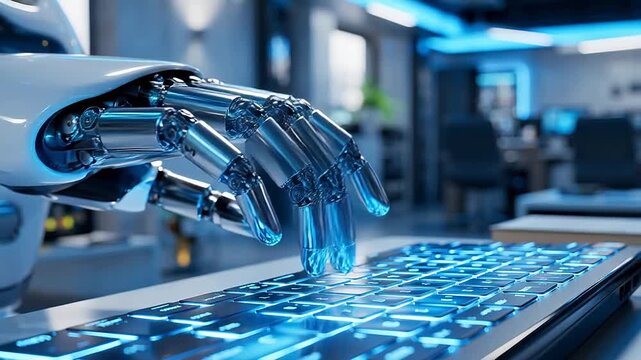 Robotic hand precisely types on a luminous blue keyboard, showcasing advanced AI technology.