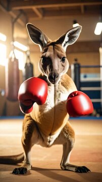 A kangaroo stands in a boxing ring wearing red boxing gloves, ready to fight or training session.
