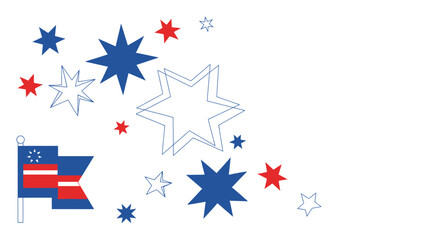"An abstract vector illustration featuring a collection of multi-pointed stars in various styles (solid blue, solid red, and blue outlines) scattered across a white background