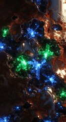 Naklejka premium Glowing blue and green crystals embedded in a dark rusty metallic surface with reflective liquid pools