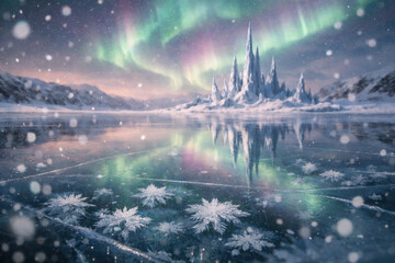 Aurora Borealis Over Frozen Lake With Ice Crystals And Snowfall At Night