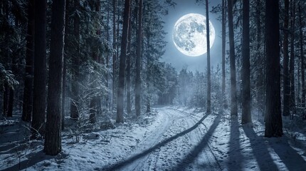 Ethereal winter night landscape with a bright full moon illuminating a winding snow-covered path through a dense, dark pine forest.