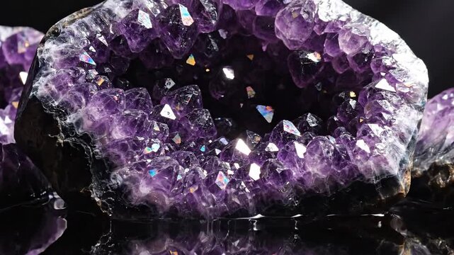 A striking amethyst geode with sparkling crystalline formations resting on a dark, reflective surface