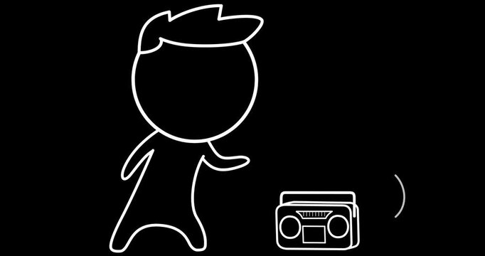 A boy with a tape recorder is listening to music