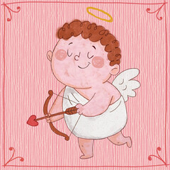 A cute hand-drawn illustration of a smiling cupid angel with wings, a golden halo, and an arrow or Valentine&rsquo;s Day cards, children&rsquo;s designs, nursery decor, romantic prints, and festive illustration