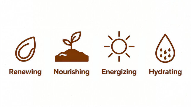 Elements such as rejuvenation and nourishment represent the beauty effects of rejuvenation and hydration, suitable for promotional materials in skincare categories.

