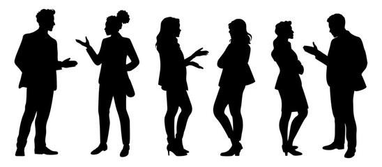Black silhouette illustration of different business professionals in active discussion showing expressive body language and teamwork. Flat vector illustration isolated on transparent background